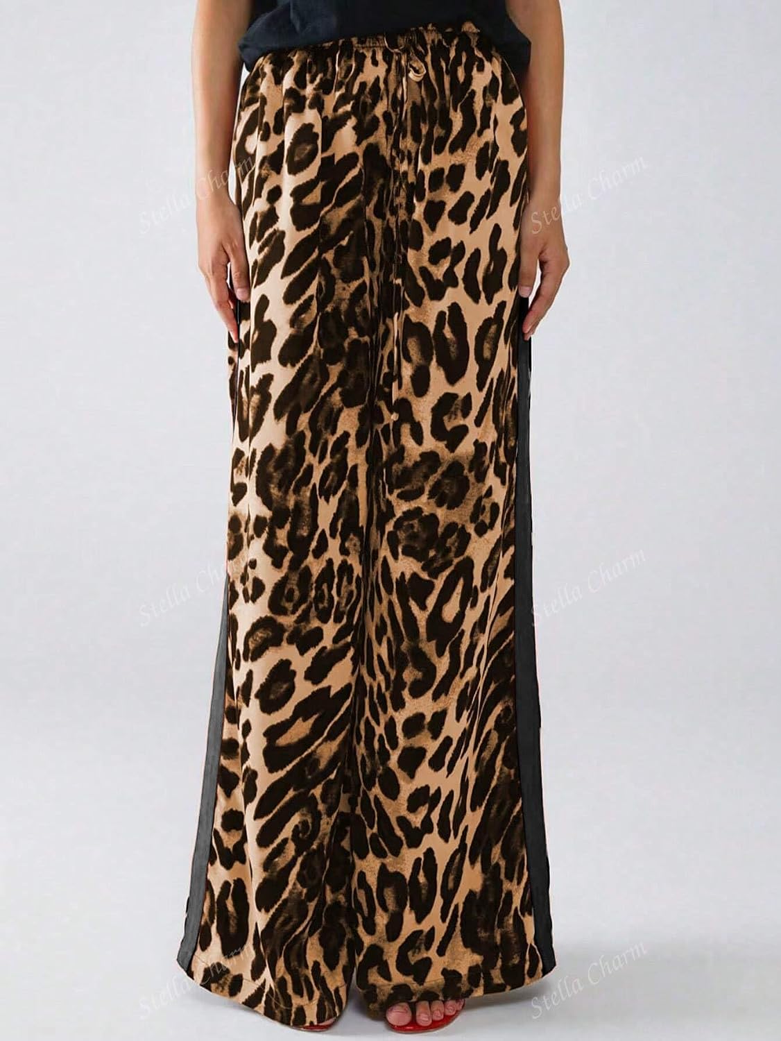 Women's Casual Pants Drawstring Leopard Print Color Block Side Striped Straight Leg Wide Leg Loose Pants thumbnail