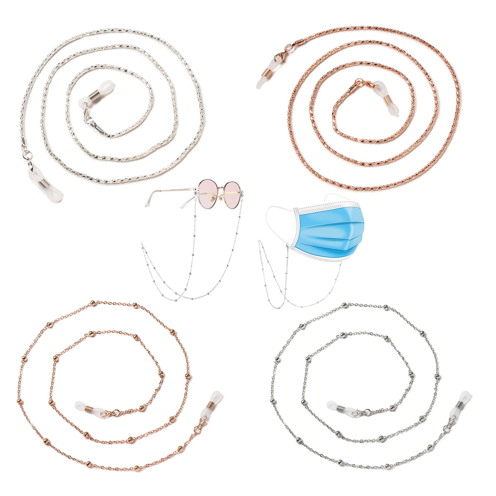 CiciIng 4 unidades de collar de gafas para mujer, oro rosa/plata, cordón de gafas de sol, cadena con silicona antideslizante para el día a día y el tiempo libre, Oro rosa/dorado, 75 cm