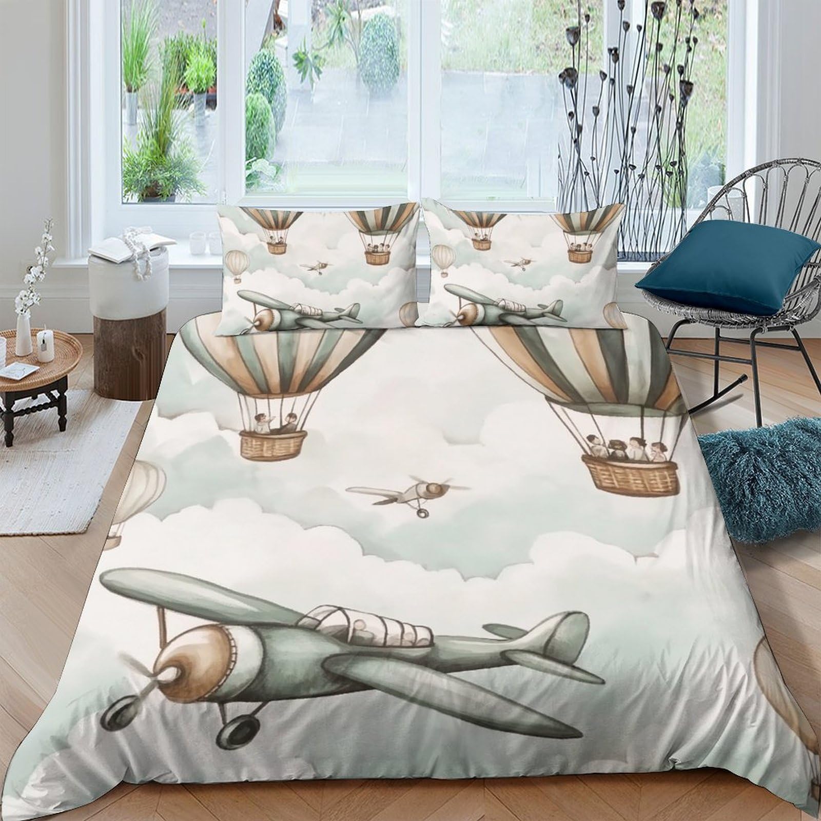 GPLZQXKJNH 3D Printed Vintage Airplane Duvet Cover Microfiber Soft Breathable Hot Air Balloon Bedding Set with 2 Pillowcases for Bedroom Decor, Single（135x200cm）