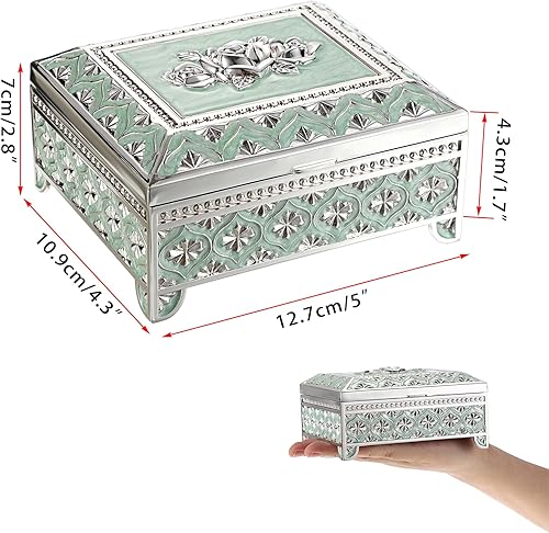 Miniatura 6 de Hipiwe Joyero de metal vintage con diseño floral, preciosa caja de joyería para anillos, aretes, collar, caja rectangular para baratijas, caja