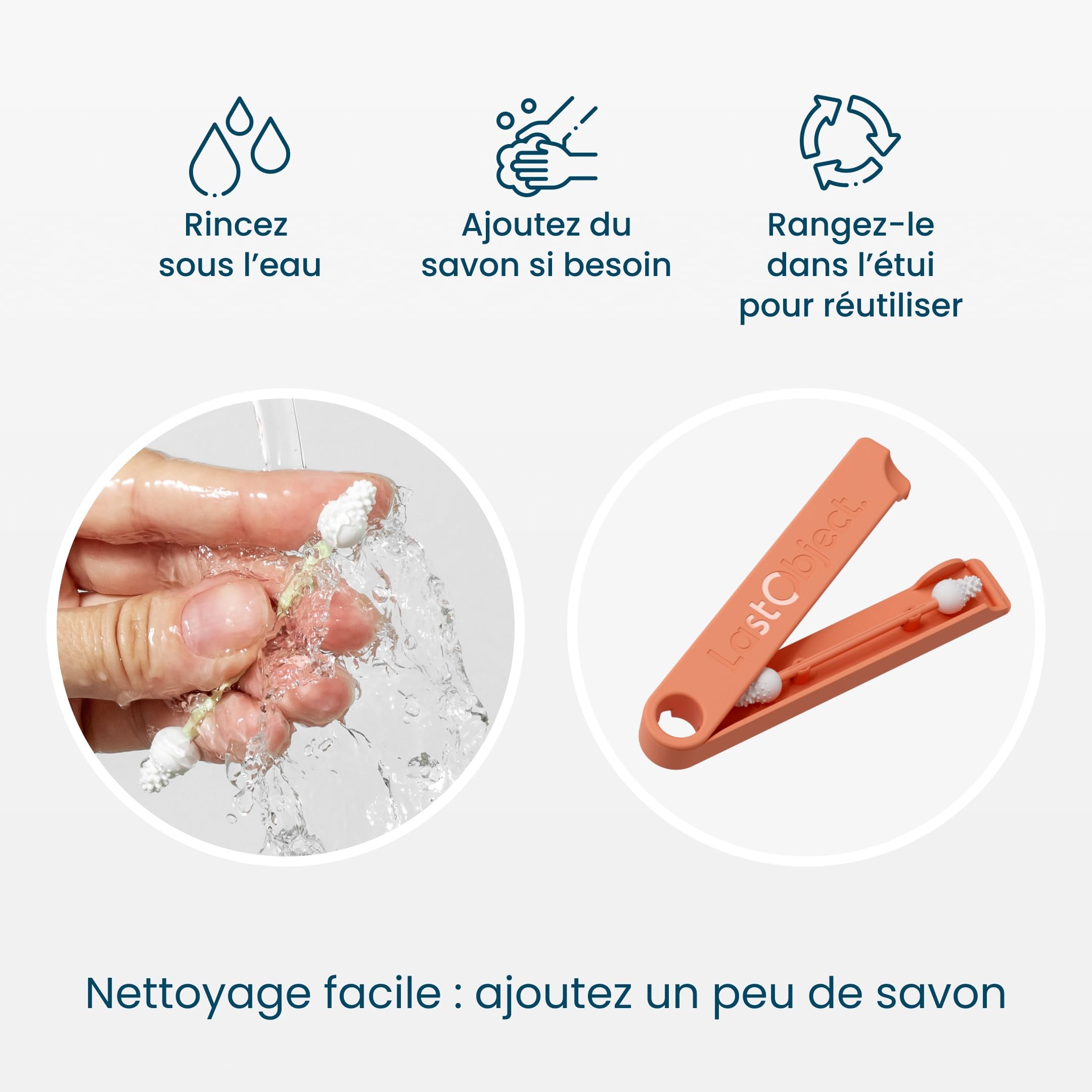 LastSwab® Bébé Cotons-tiges réutilisables en silicone – Nettoyeur doux oreilles & nez pour nouveau-nés et nourrissons – Lavable, sans BPA, zéro déchet, étui – Pêche