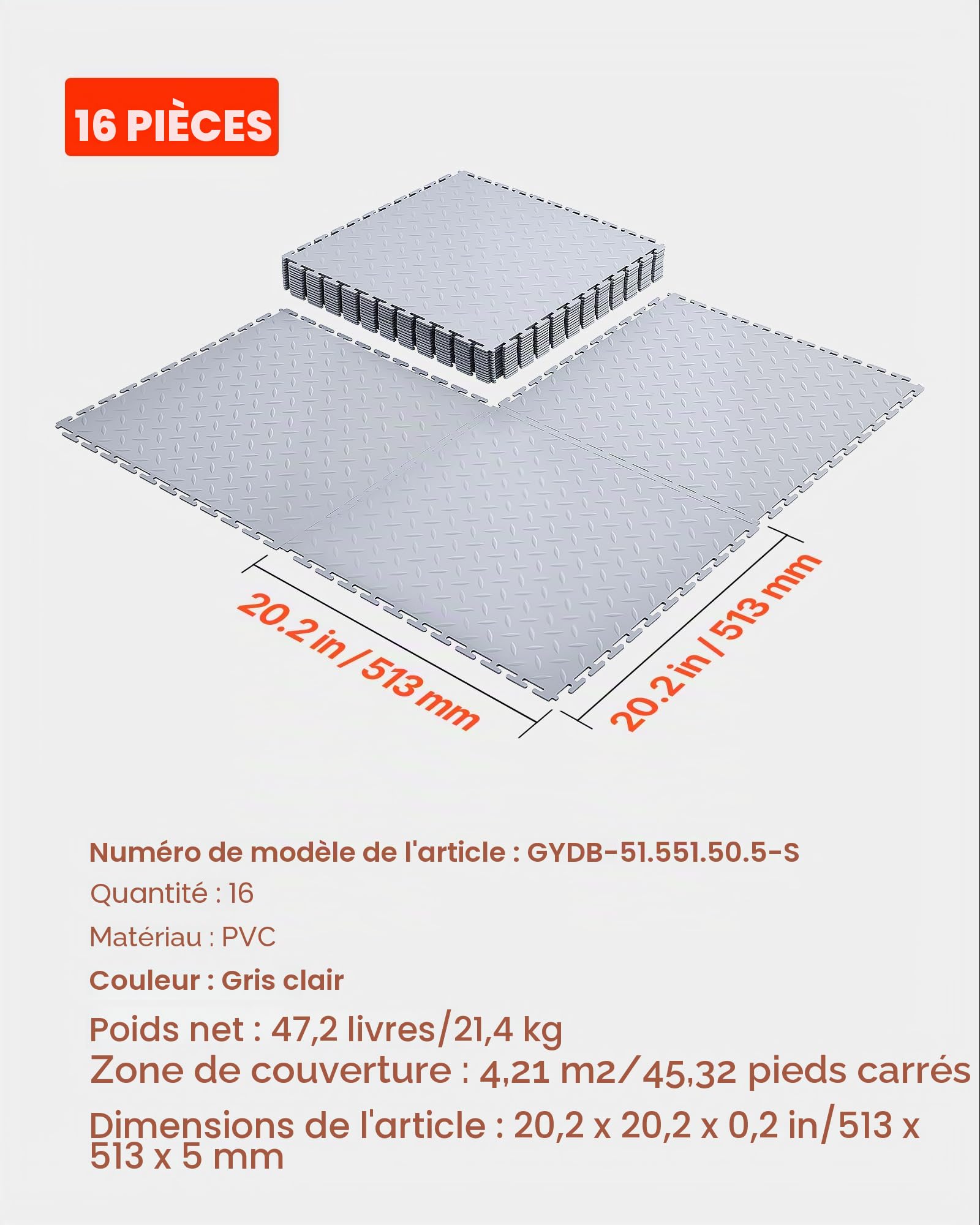 VEVOR Dalles de Garage Emboîtables, Lot de 16, Revêtement de Sol Garage Modulaire 513 x 513 x 5 mm, Tapis Antidérapants PVC pour Garages, Atelier de Réparation, Entrepôt, Local à Outils, Gris Clair