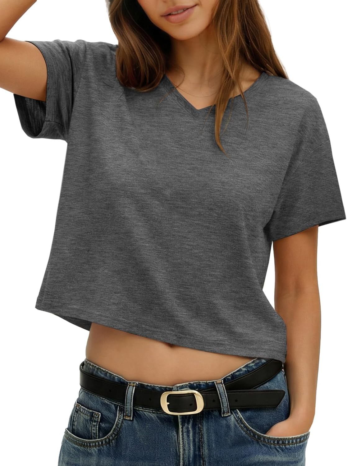 UNCLECAT Women's V Neck Cropped T Shirts Summer Short Sleeve Crewneck Crop Tops Solid Basic Tees