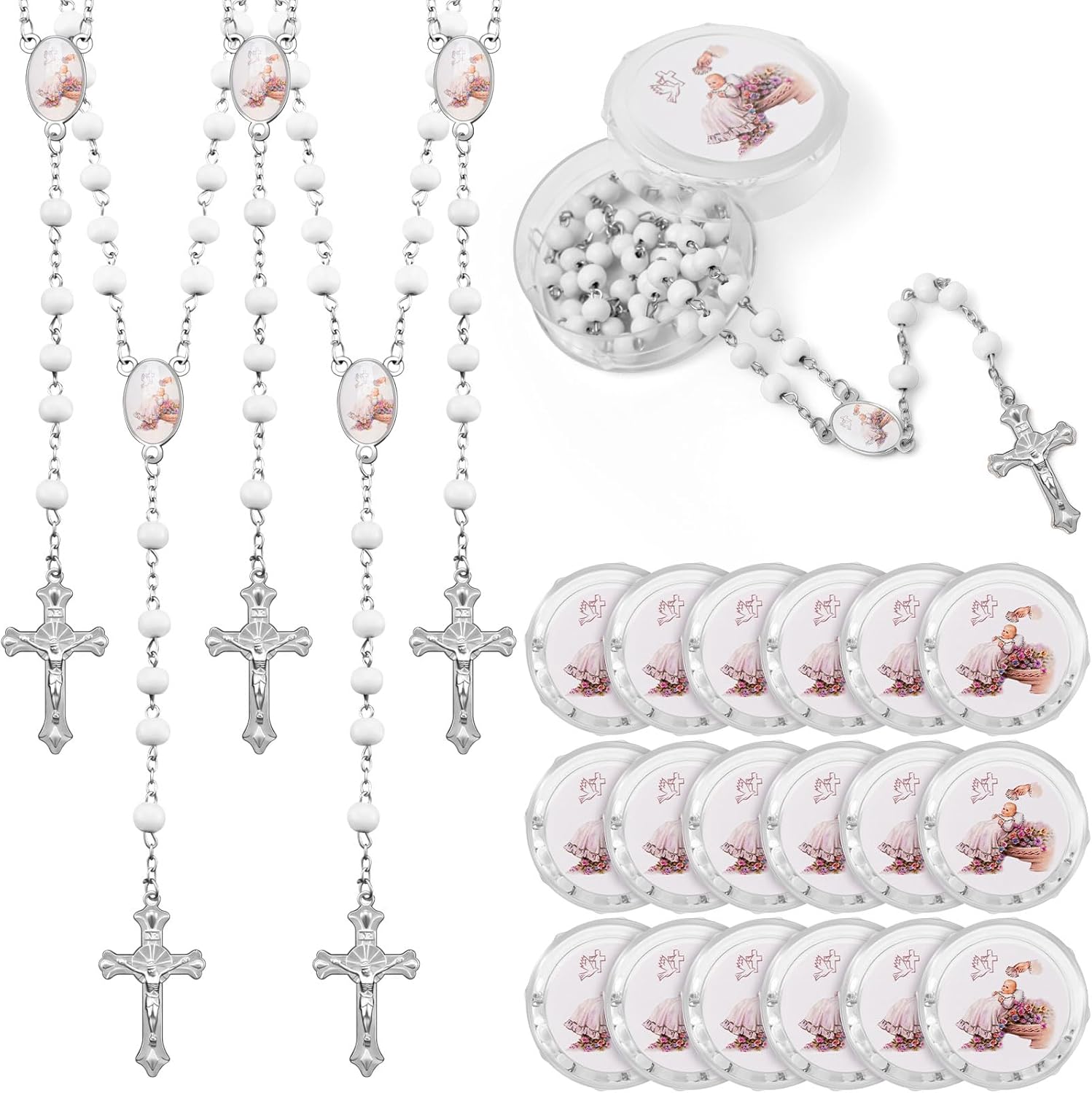 Jadive 24 Piece Scented Wood Rosary Beads Baby Baptism Party Favors Rosary Necklace for Women Men Angel Baby First Communion Gifts with Case for Mother Elder Gifts (White)