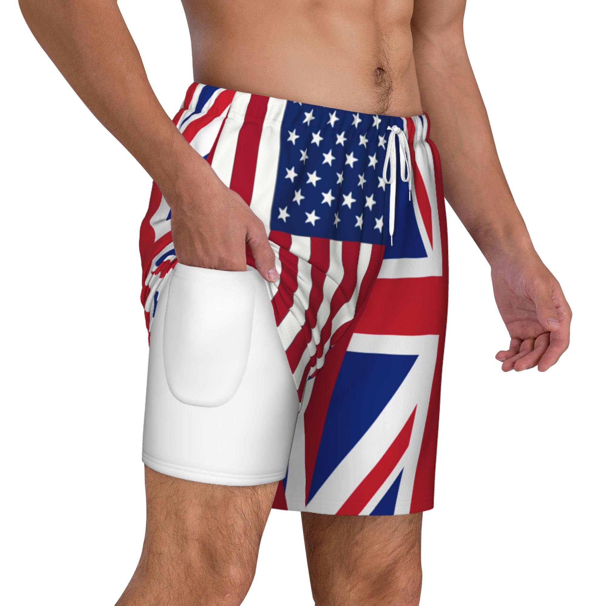 peiyeety Mens Swim Trunks with Compression Liner Beach Board Shorts Quick Dry Swimming Short -American and British Flag White