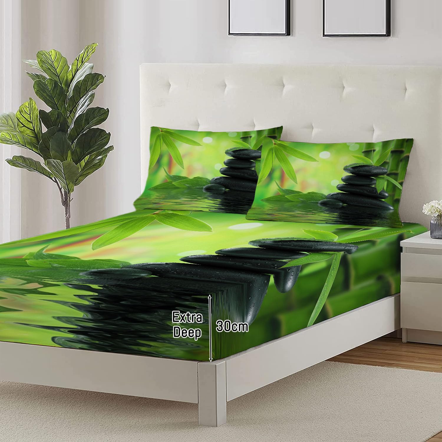 Sábana Ajustable Suave Plantas Naturales Guijarros Negros Bambú Impresión, Verde Microfibra Suave Transpirable Sábana Ajustable, 180x200cm Elástico en el Borde Bolsillo Profundo 30cm