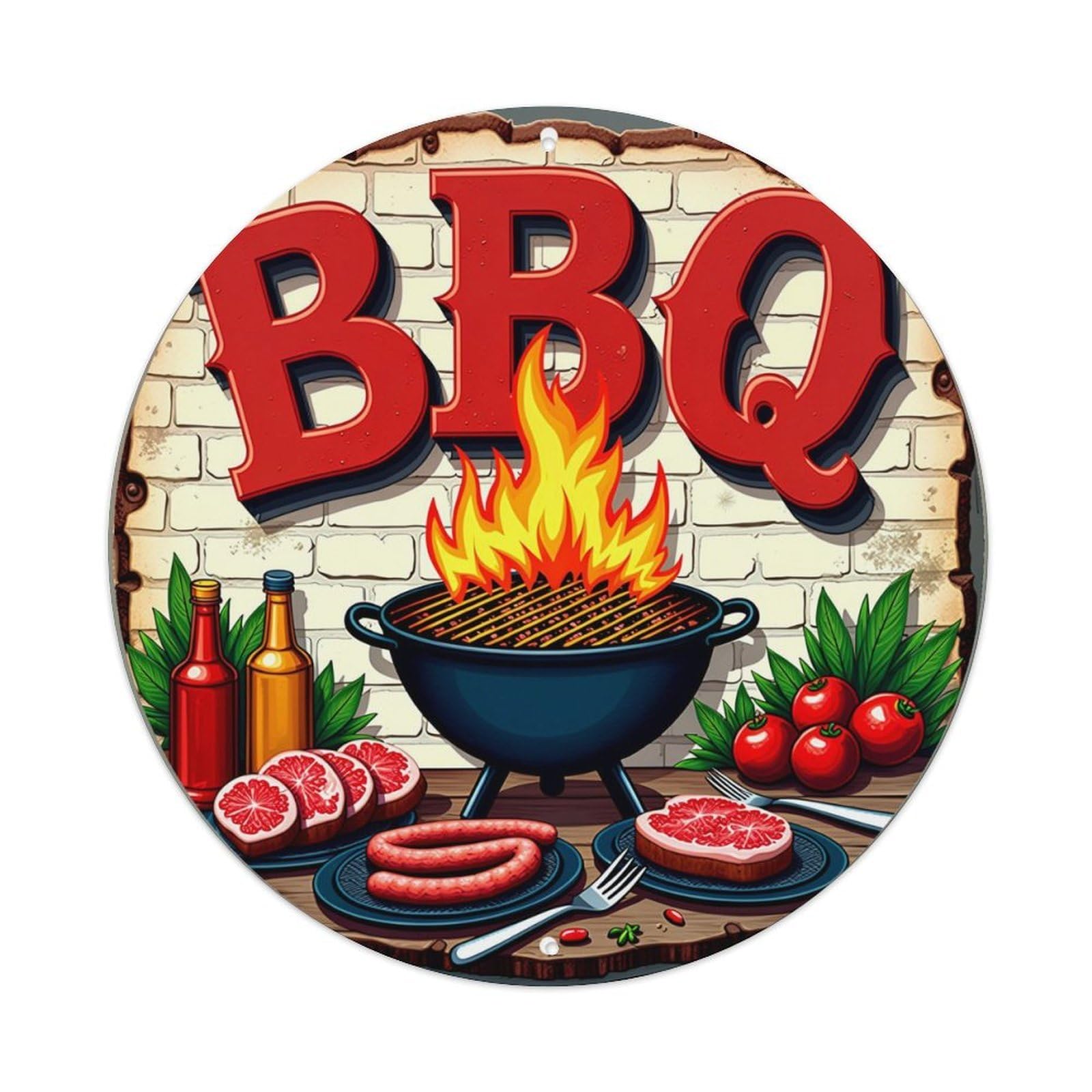 Barbecue Grill Fire Meat Drinks Metal Tin Sign Plaque