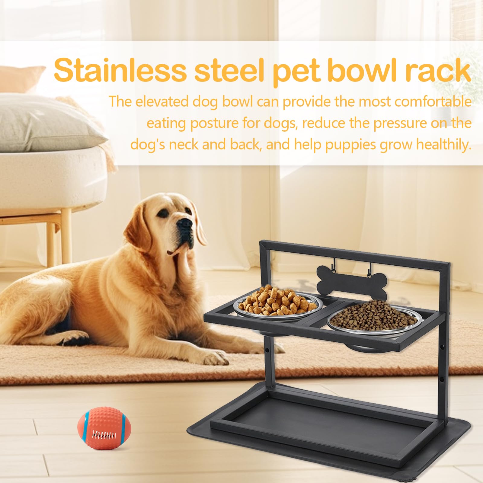 Comedero Elevado para Perros con 2 Cuencos De Acero Inoxidable Tapete Antifugas Altura Ajustable En 3 Niveles Color Negro 42 X 32 X 20,5 Cm