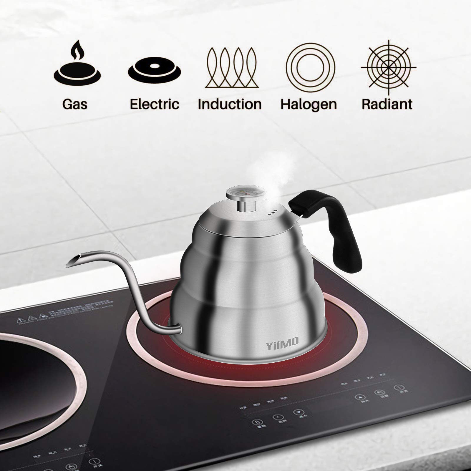 Hervidor de cuello de cisne, tetera para verter sobre café, tetera con control de temperatura, estufa de 1 litro, tetera de acero inoxidable de grado alimenticio para el hogar y la cocina