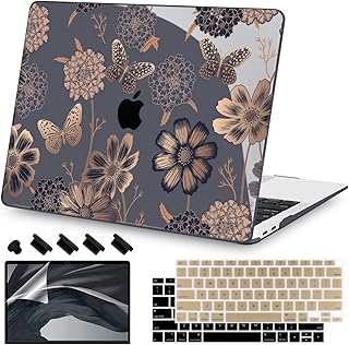 Teryeefi for MacBook Air 13 inch Case 2021 2020 2019 2018 Release (Model A2337 A2179 A1932 Retina Display with Touch ID), Plastic Hard Shell Case & Keyboard Cover for MacBook Air 13 M1, Gold Flowers