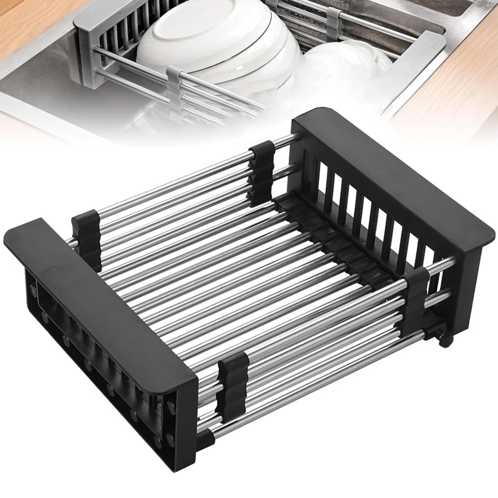 Photo 1 of Extend Kitchen Sink Drain Basket,Stainless Steel Retractable Sink Rack,Over Sink Dish Rack,Portable Telescopic Kitchen Sinks Accessories,Extender Basket for Vegetables Fruits and Dishes(Black,Small)