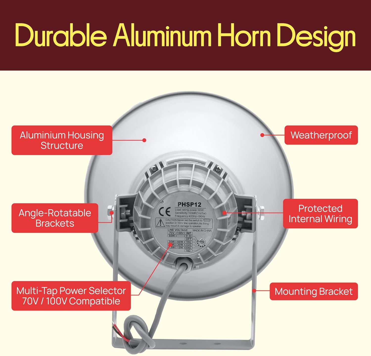 Indoor Outdoor PA Horn Speaker - 12.7 Inch 60 W Compact Loud Sound Megaphone w/ 400Hz-5KHzz Frequency, 16 Ohm, 70V/100V Transformer, Mounting Bracket Hardware, For 70V/100V Audio System - Pyle PHSP12 - Image 7