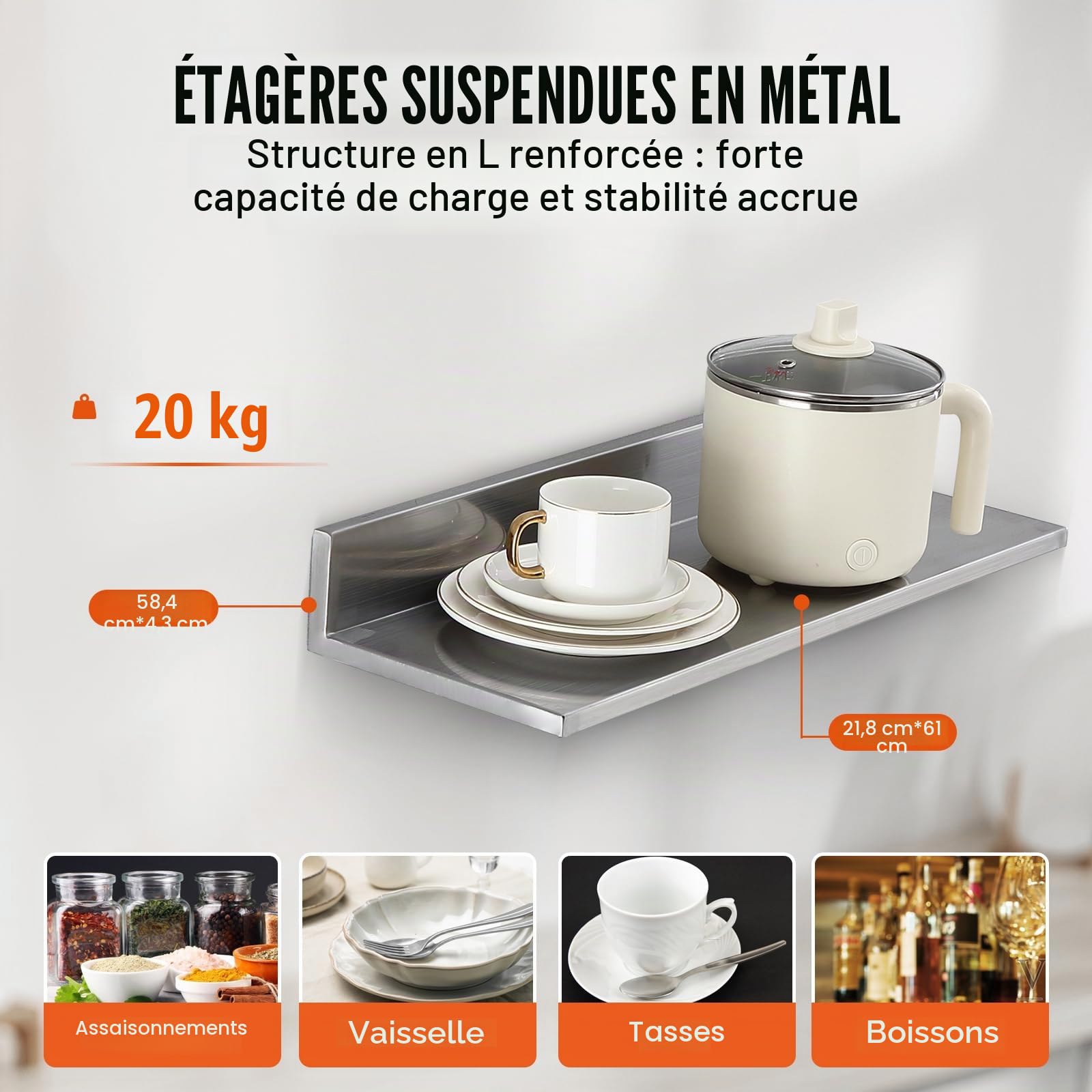 VEVOR Étagère Murale 2PCs 610x218x85 mm Tablette Flottante en Acier Inoxydable avec Dosseret Charge Max. 20 kg Design Ouvert pour Livres Cadre Photo Plante Épices Salon Bureau Salle de Bains Cuisine
