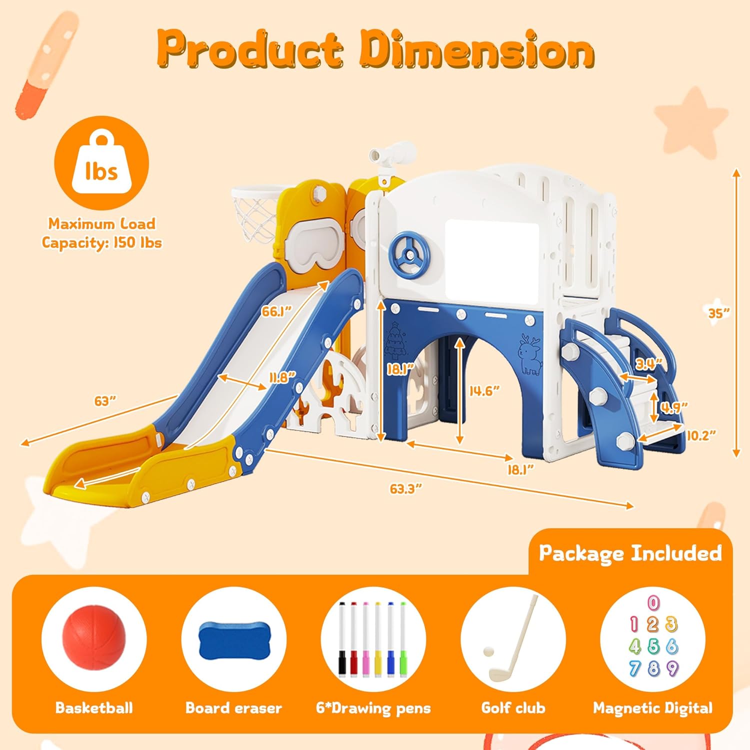 GITAWUSA 10 in 1 Toddler Slide Playset Indoor & Outdoor Playground for Kids Aged 1-3, Complete with Golf Set, Basketball Hoop, Climbing Frame, Drawing Board and Steering Wheel, Blue & Yellow