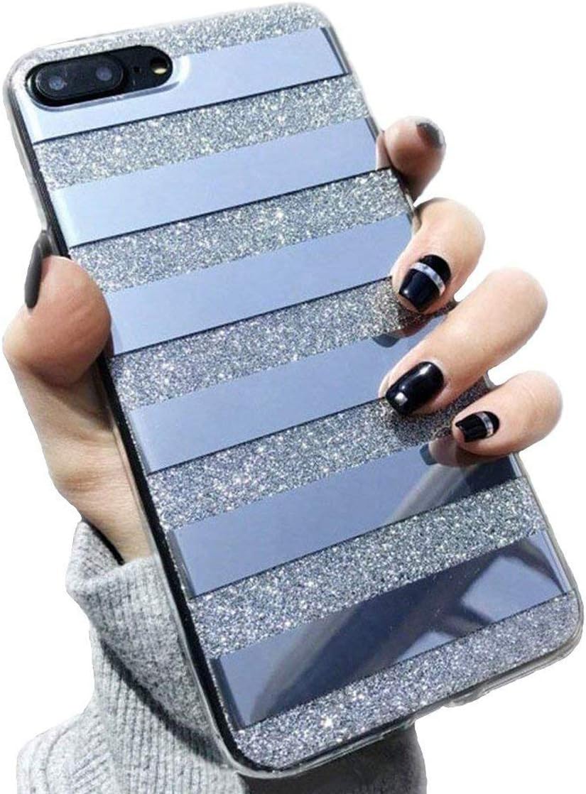 iPhone 7 Plus/iPhone 8 Plus Case for Girls,Opretty Bling Luxury Glitter Pretty Cute Powder Phone Case Mirror Reflex Striped Stars Pattern Back Cover for iPhone 7Plus / 8Plus-Silver