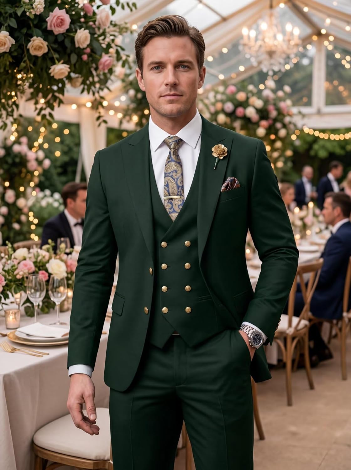 Wehilion 3 Piece Suits for Men Slim Fit Tuxedo Jacket Formal Wedding Prom Suit Double Breasted Blazer Vest and Pants