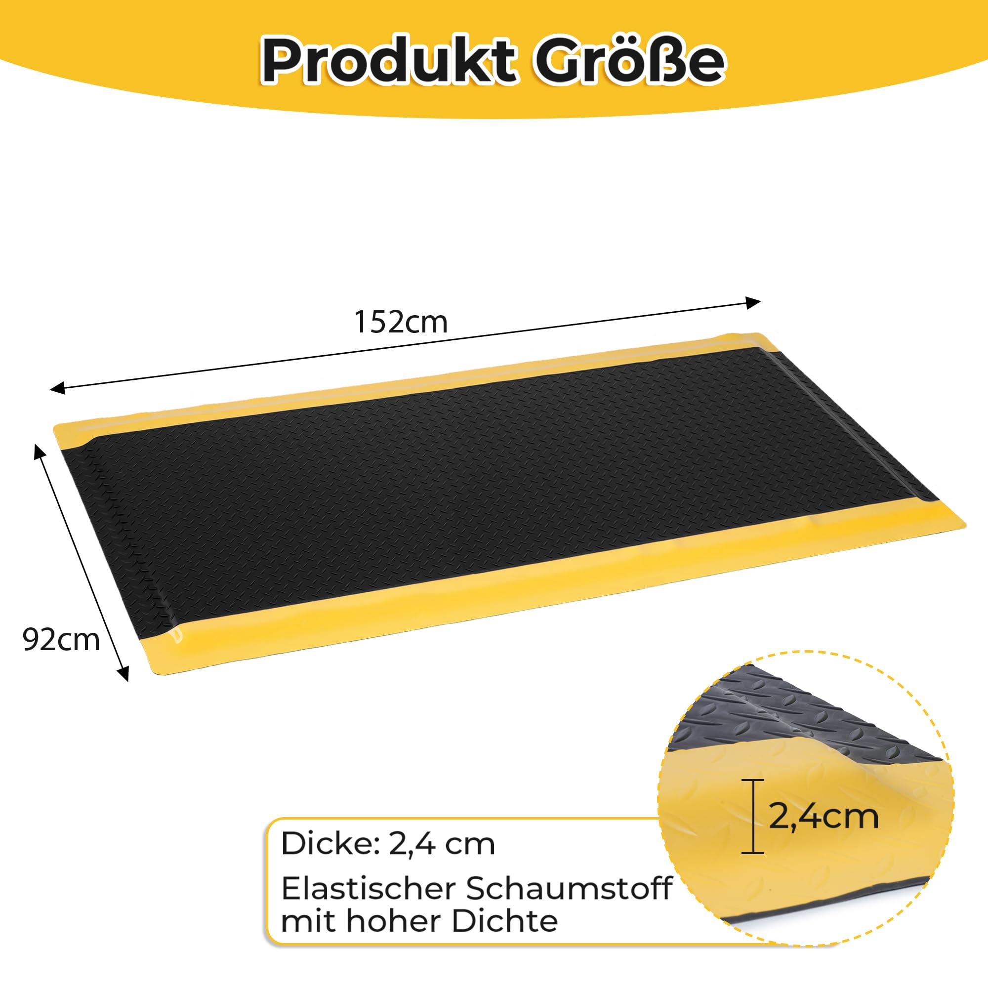 92x152cm Anti-Ermüdungsmatte Ergonomische Arbeitsplatzmatte | Anti Fatigue Stehmatte Komfort Antimüdigkeitsmatte für Steharbeitsplätze, Küche, Werkstatt und Fließband (Schwarz-gelb)
