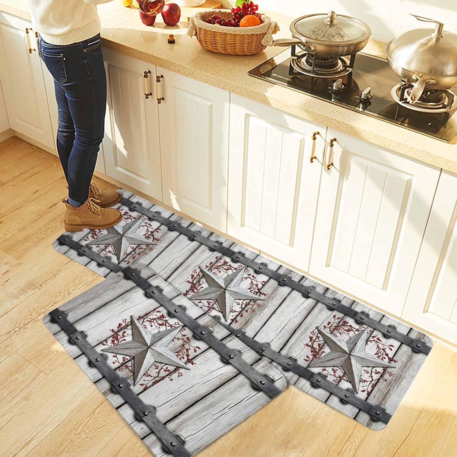 Texas Star Retro Kitchen Rugs and Mats Set of 2, Non-Slip Kitchen Sink Mat, Brown Wooden Vintage Berry Washable Doormat Bathroom Rugs Runner for Bedroom/Living Room 19.7"x31.5"+19.7"x47.2"