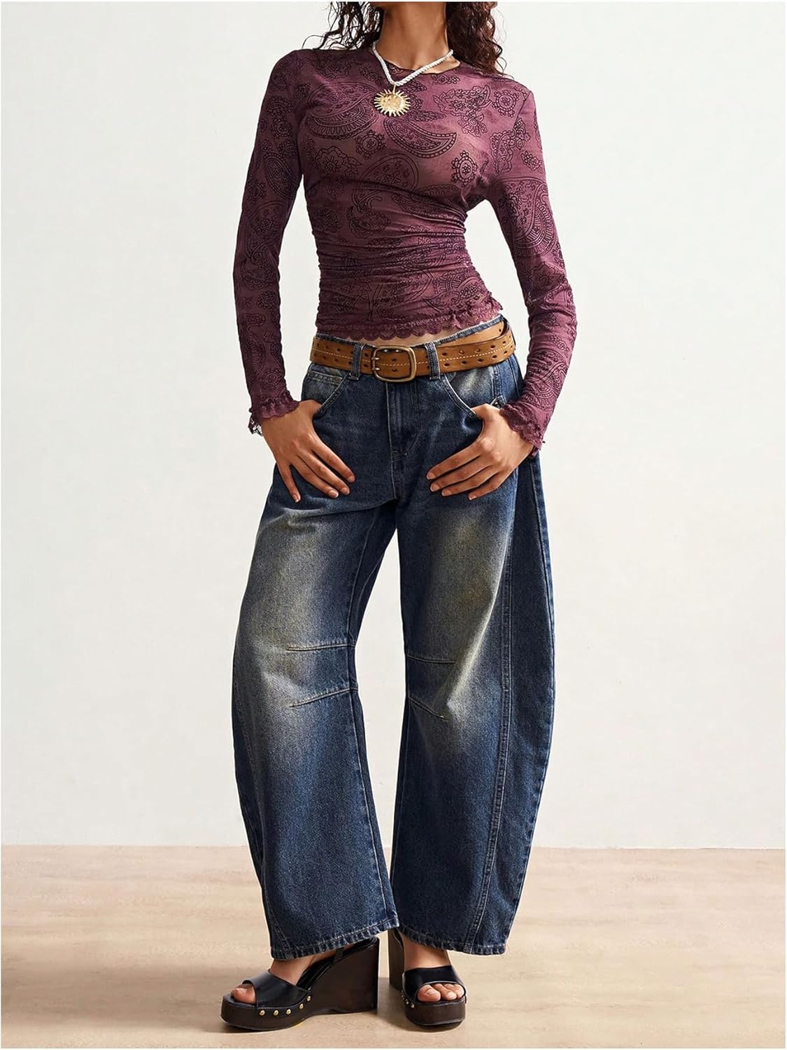 Women's lace Trim Long Sleeve t Shirts Mock Neck Graphic tees Fitted Boho Tops - Image 7