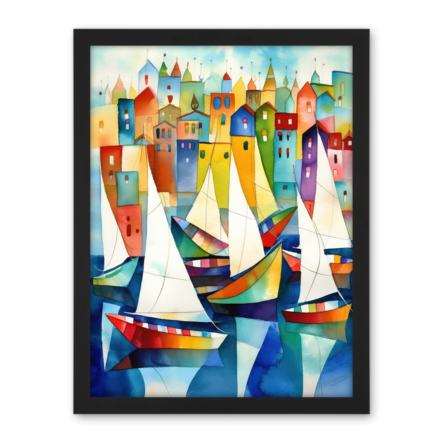 Artery8 Harbour Boats Folk Art Watercolour Painting Artwork Framed Wall Art Print 18X24 Inch