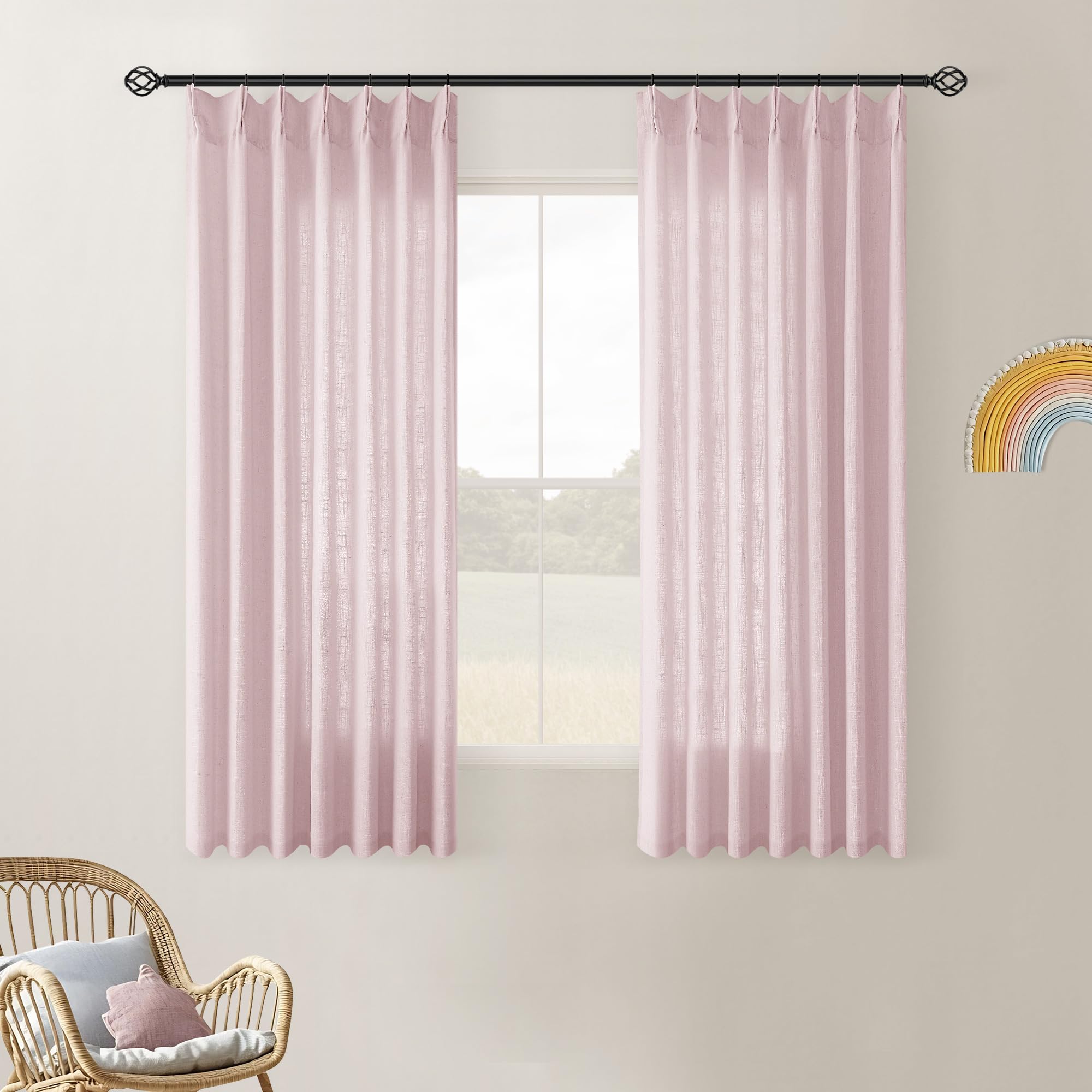 Light Pink Pinch Pleat Linen Semi Sheer Curtains 45 Inch Length 2 Panels