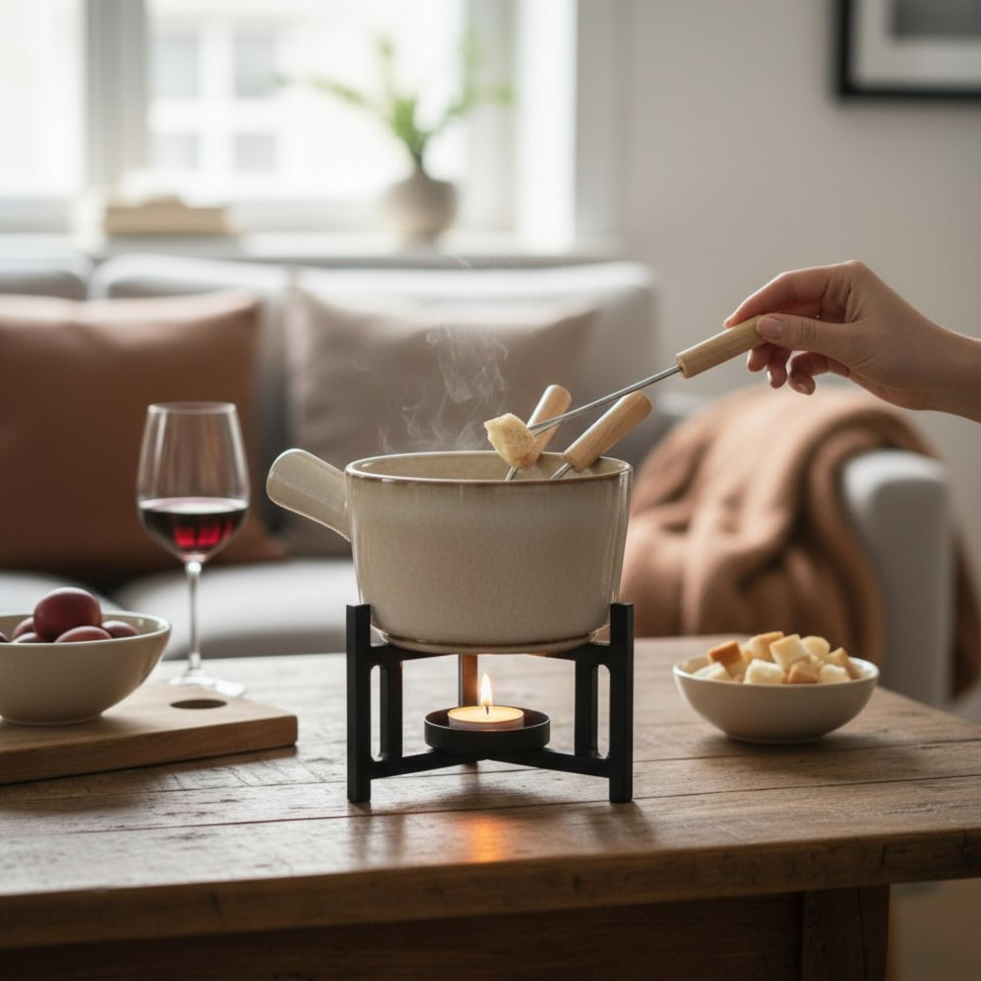 MIJOMA Fondue Set für 2 Personen – Keramiktopf mit Metallgestell & Edelstahlgabeln – Schokoladen- & Käsefondue – 450ml – stilvolles Tisch-Set für romantische Abende & Geschenke