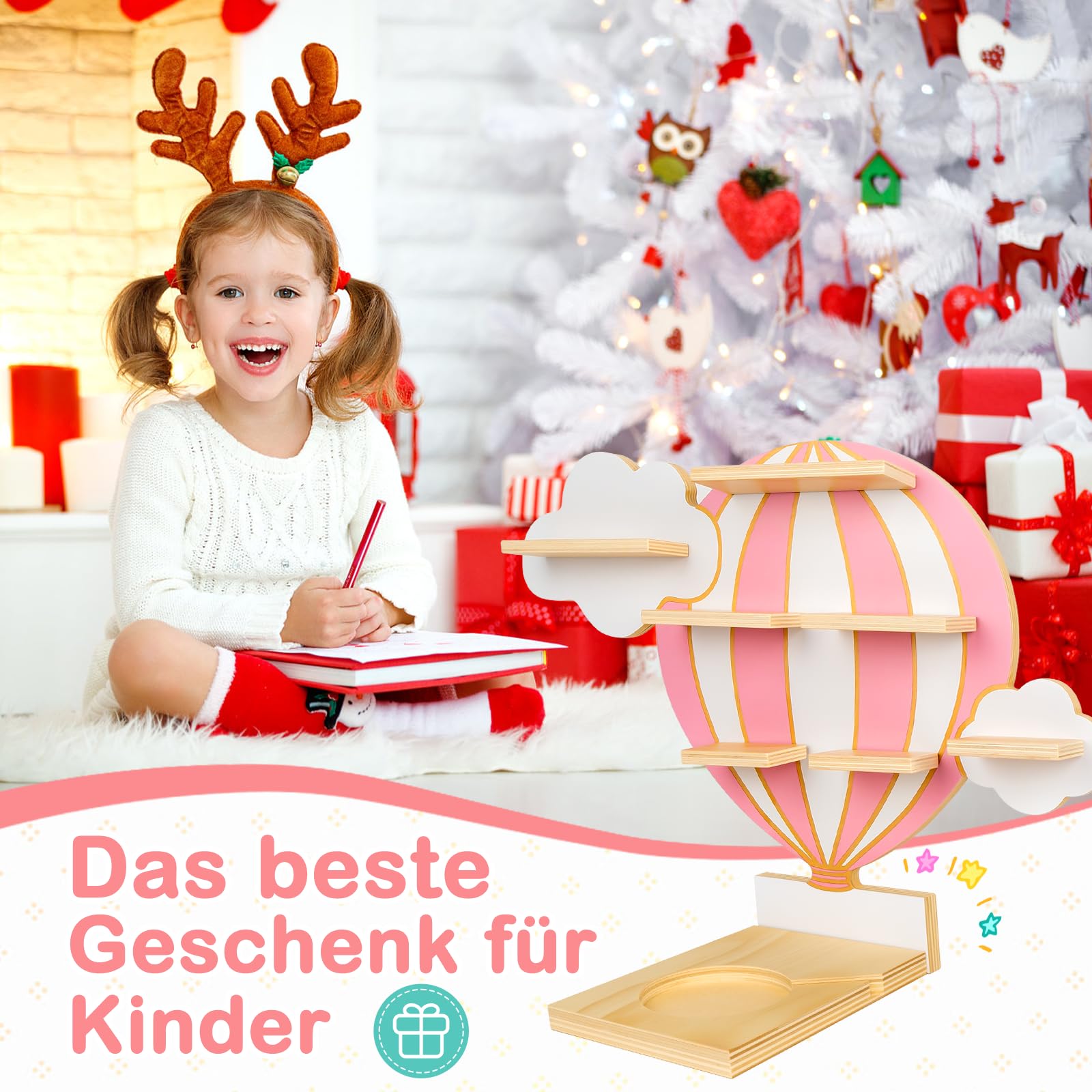 Tonie Regal Heißluftballon & Wolken, Wandregal Standregal für Toniebox & Figuren, Toniebox-Regal für Mädchen Jungen, Perfekte Aufbewahrung im Kinderzimmer, Zubehör für Toniebox 1 & 2 Starterset, Rosa