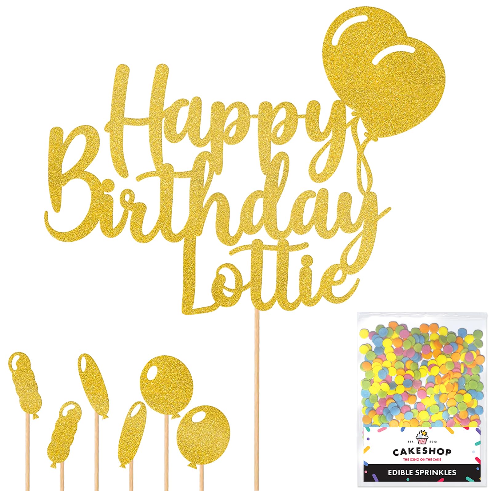 Personalised Happy Birthday Glitter Cake Topper with Balloons - Gold Any Name Glitter Cake Decoration and Sprinkles - Happy Birthday Decorations - Personalised Toppers for Cakes by Cakeshop