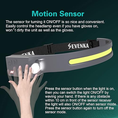 Miniatura 6 de SEVENKA - Linterna frontal recargable LED, luz frontal LED brillante de 230, luz de cabeza con modo sensor, lámpara de cabeza ligera de 2.4 onzas