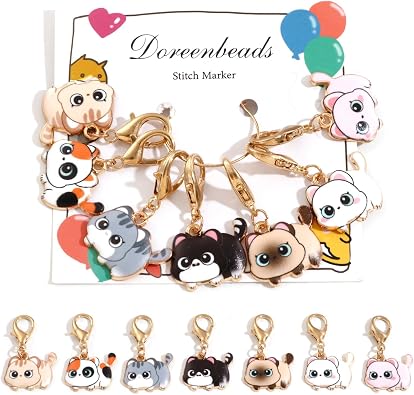 DoreenBeads 7Pcs Cat Stitch Marker for Crocheting and Knitting | Locking Alloy Enamel Cute Cartoon Cat Crochet Stitch Marker with Lobster Clasp Knitting Crocheting Accessories Gold