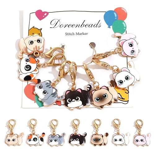 DoreenBeads 7Pcs Cat Stitch Marker for Crocheting and Knitting, Locking Alloy Enamel Cute Cartoon Cat Crochet Stitch Marker with Lobster Clasp Knitting Crocheting Accessories Gold