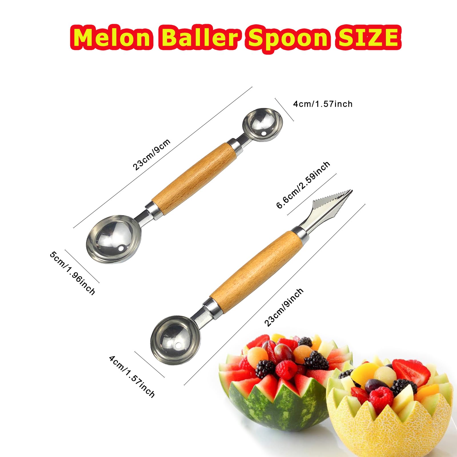 Juego de bolas de melón de acero inoxidable de doble extremo con mango de madera, herramientas de tallado de frutas, formas de cortador de frutas