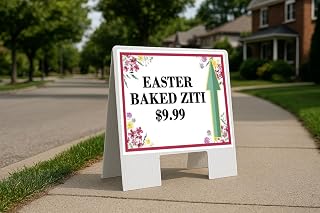 Easter Baked Ziti $9.99 Spring Flowers Plum Pink Up Arrows A-Frame Single Sided 23x23 in. sign