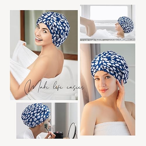 Miniatura 6 de YFONG Gorro de ducha reutilizable para mujer, impermeable y duradero, con forro de doble capa, gorra de pelo ajustable para todas las longitudes de