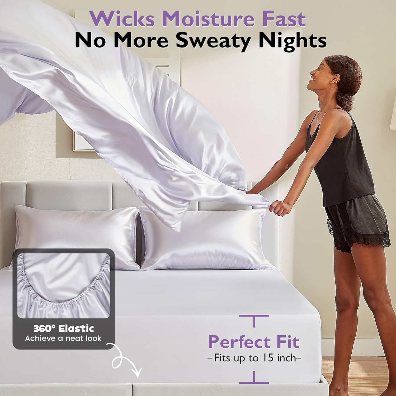 Silver Infused Bed Sheets, 10% Silver 20% Silk Cooling Sheets, Natural & Anti-Odor, Hypoallergenic Bedding for Hot Sleepers & Sensitive Skin - King Set - Image 6