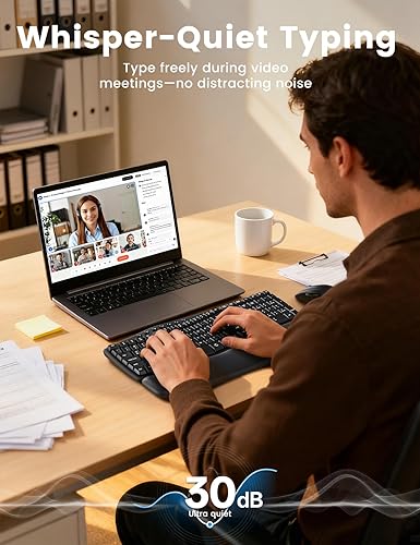 Miniatura 5 de Combo ergonómico de teclado y mouse inalámbricos, juego de teclado silencioso de tamaño completo de 30 dB con teclas onduladas y reposamanos suave,