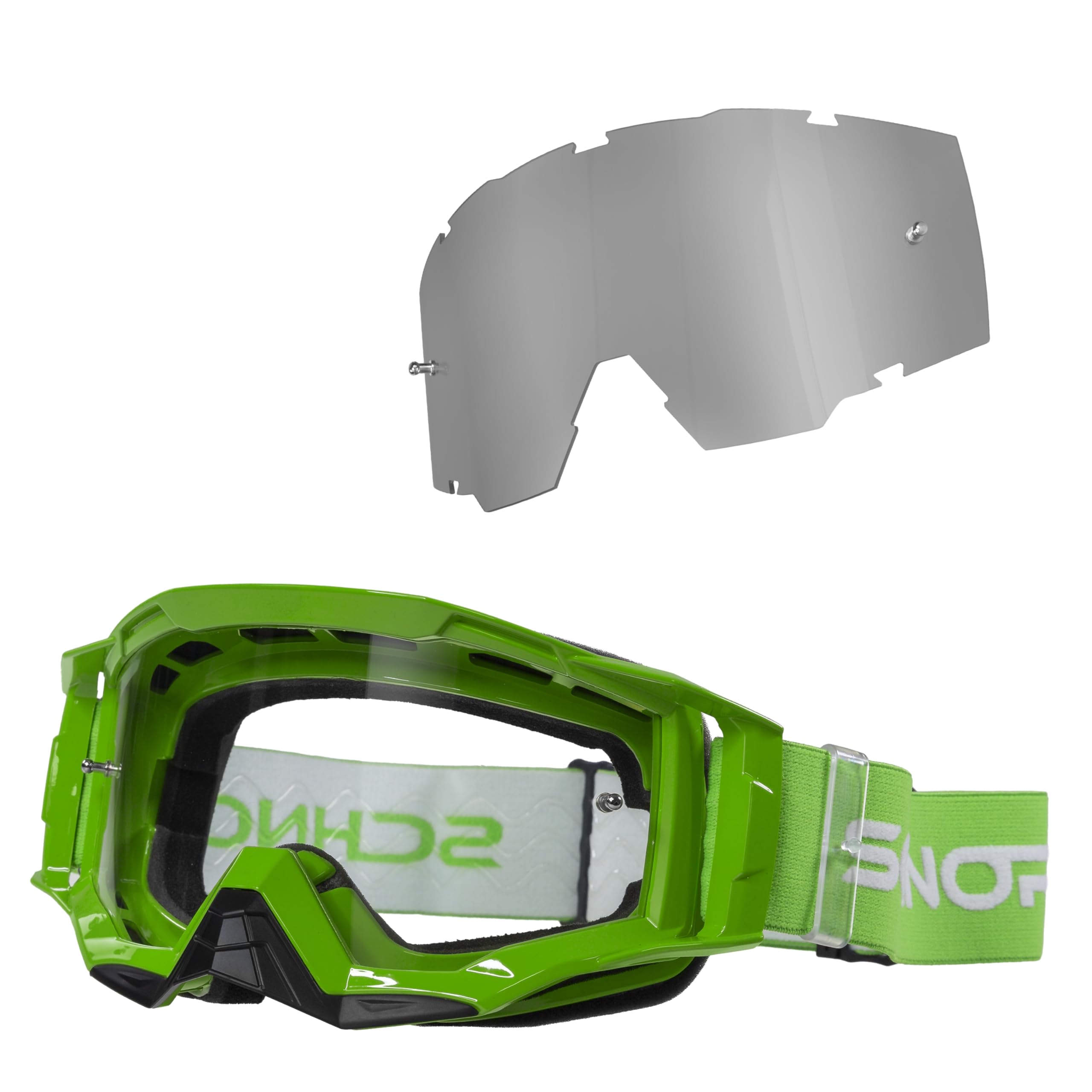 SCHNORR MX Neo Motocross Goggles Clear Lens Anti Fog Tear-Off + Vetro di ricambio Argento