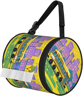 School Bus Print Round Tissue Box Cover Car Tissue Holder Foldable Napkin Holder for Home Office and Bathroom