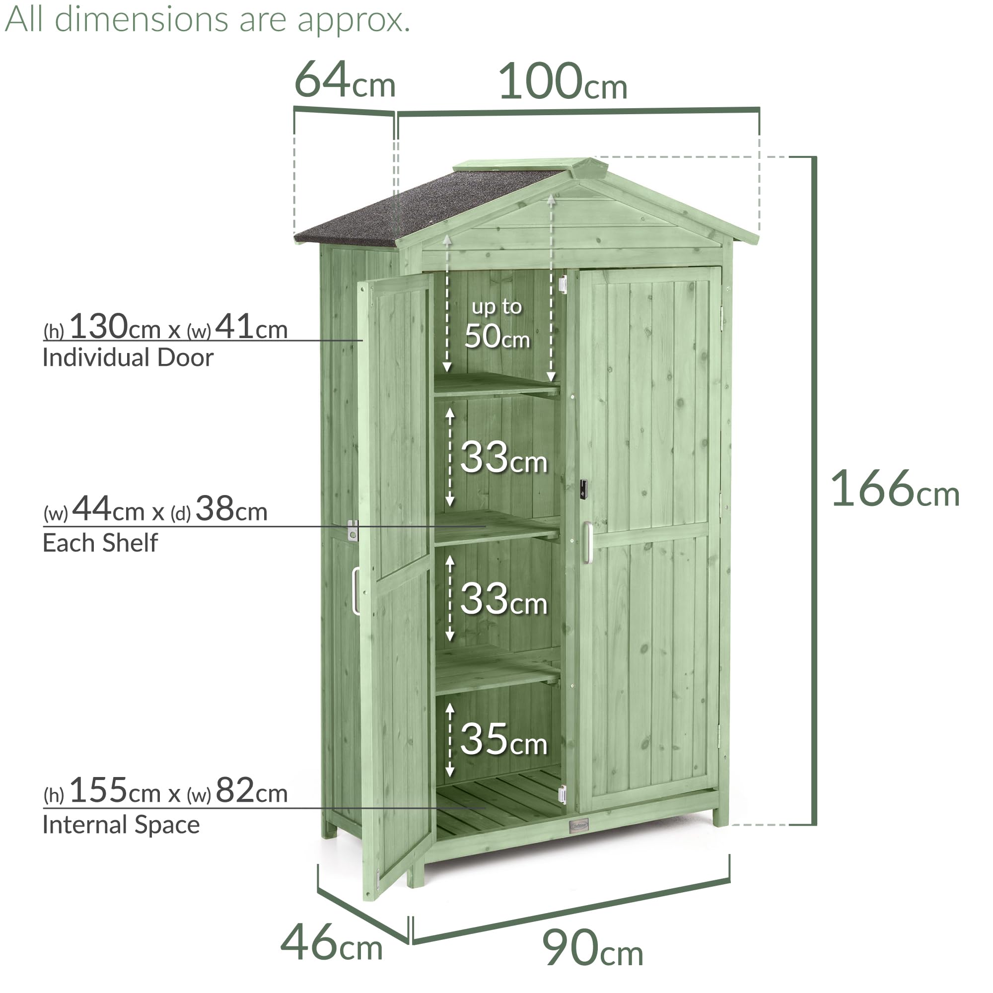 Christow Small Double Door Garden Shed – Sage Green, Tall Wooden Outdoor Storage, Slim Utility Shed, Three Configurable Shelves, Treated Wood, Lockable Doors, Sloped Roof, H166cm x W100cm x D64cm — view 7