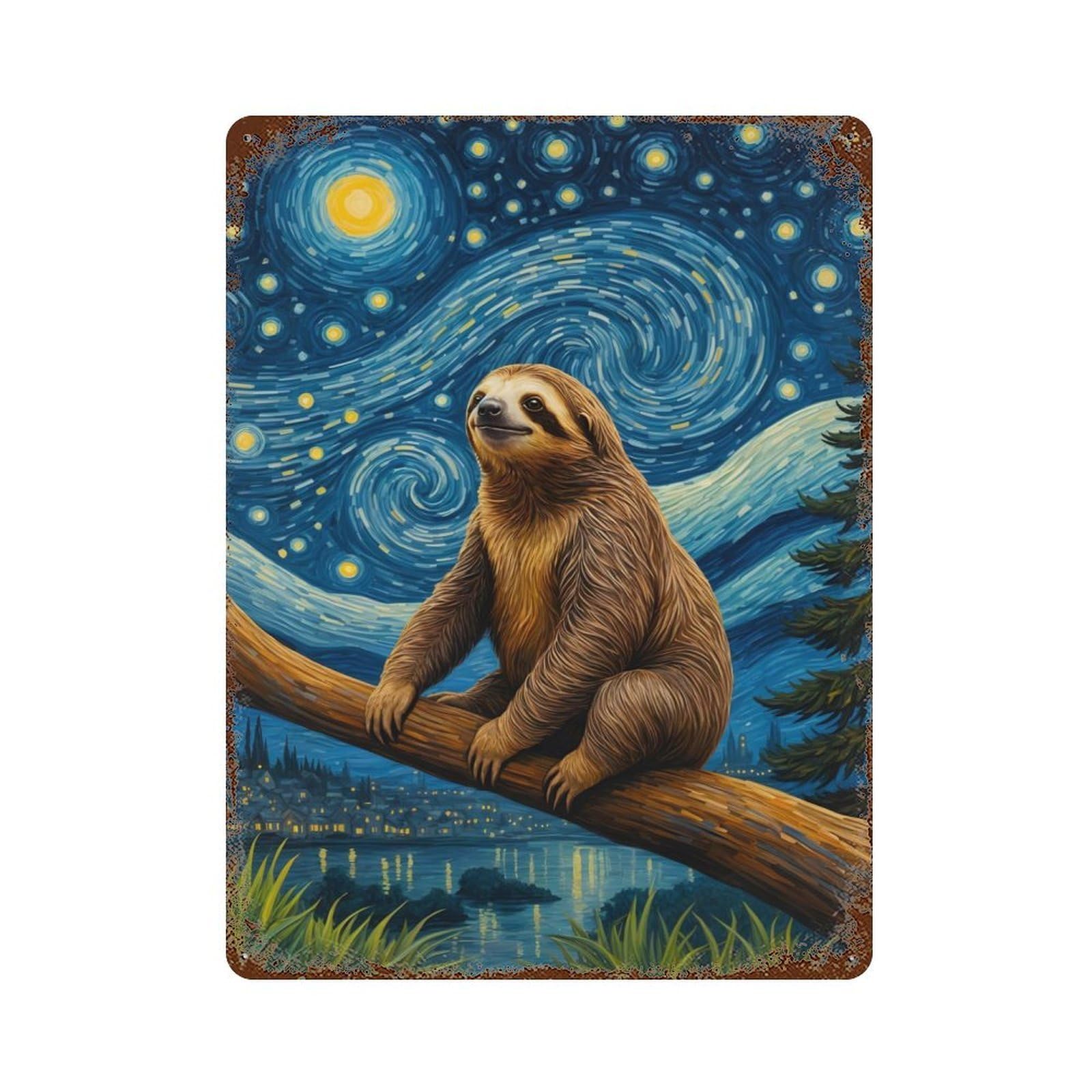 Rusty Metal Tin Sign Sloth Starry Night 15.7"x11.8", Classic Wall Plaque for Cafe, Home Bar And Lounge Decor