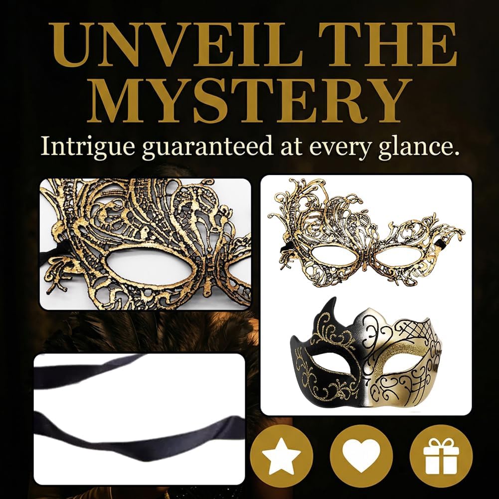 Spiritzohic Masquerade Mask for Couple 2PCS Venetian Mask for Men Women Party Half Face Carnival Masks Lace Masque Cosplay Costume Masks for Carnival Party,Fancy Dress Ball,Masked Ball(Gold) - Image 3