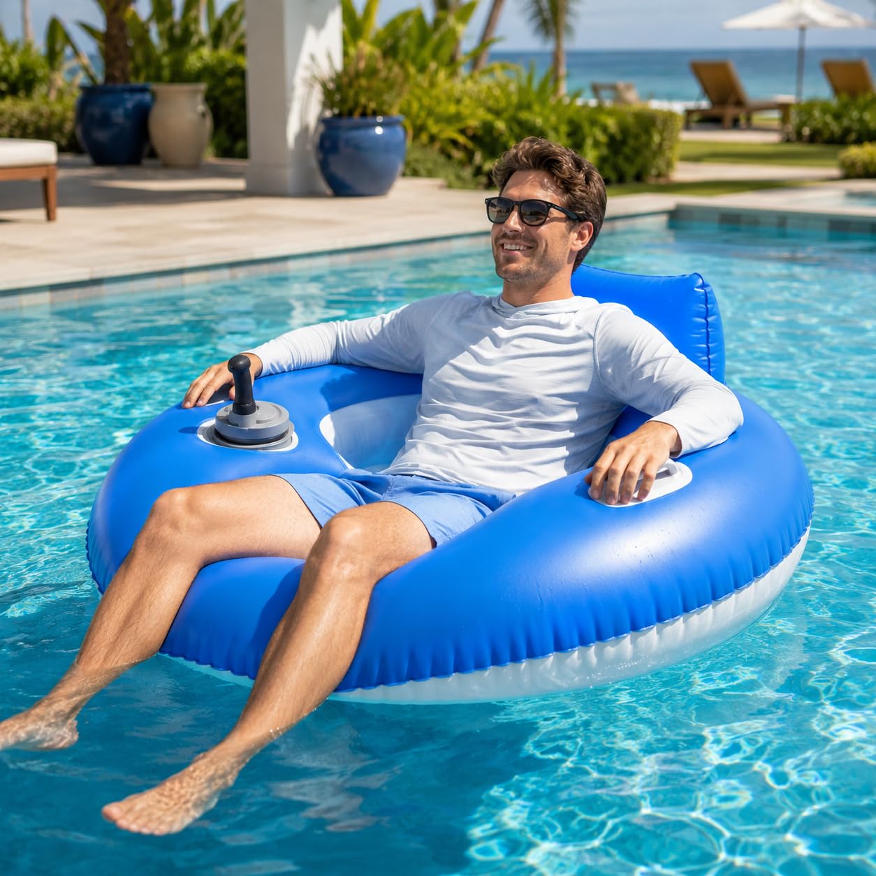 pedenencelia Motorized Pool Float for Adults, Rechargeable Electric Pool Lounger with Joystick Control, Single/Dual Propeller Options, Backrest, Cup Holder, for Pool Lake Summer Party A