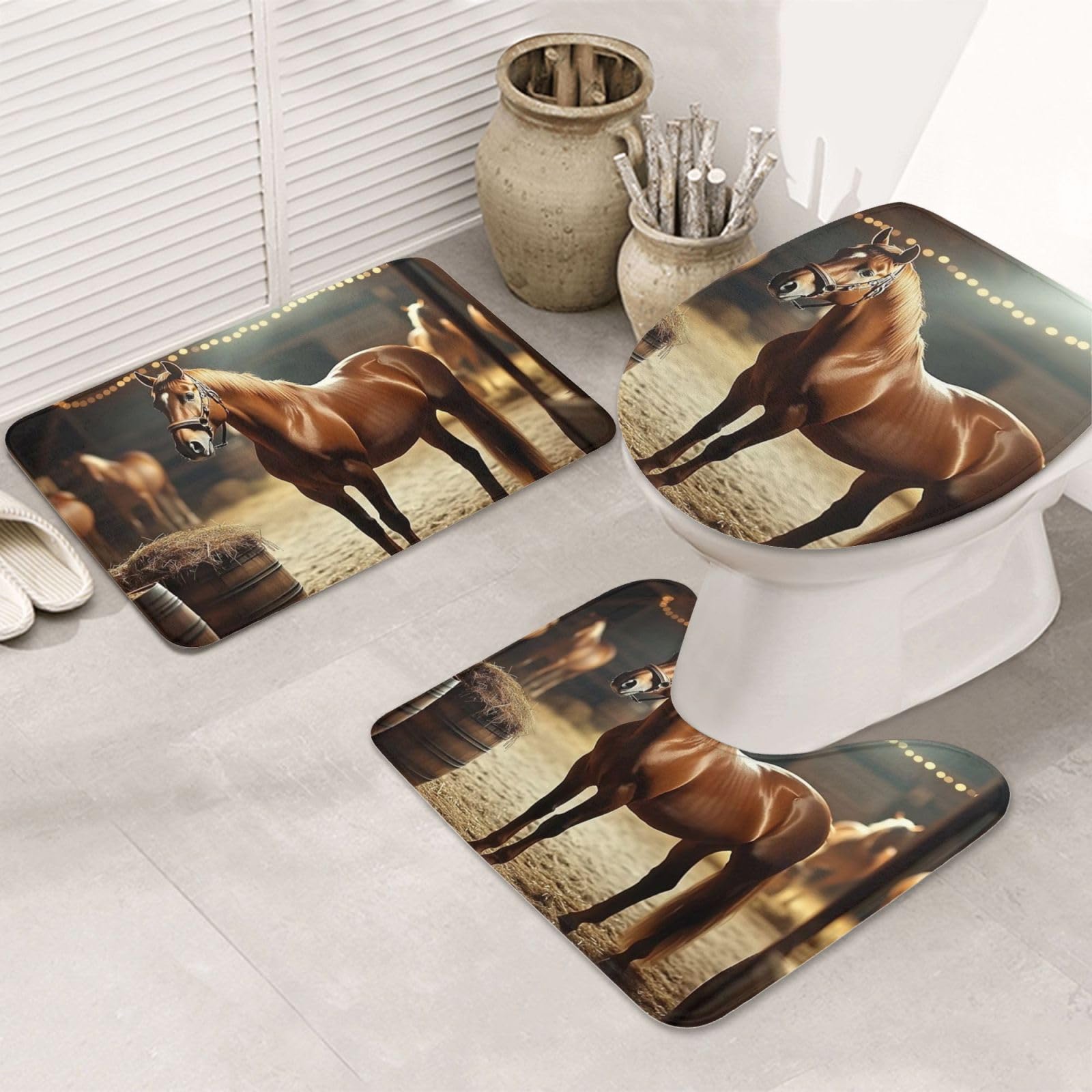 Juego de 3 alfombras de baño con estampado de caballos para decorar el aseo rústico de tu hogar