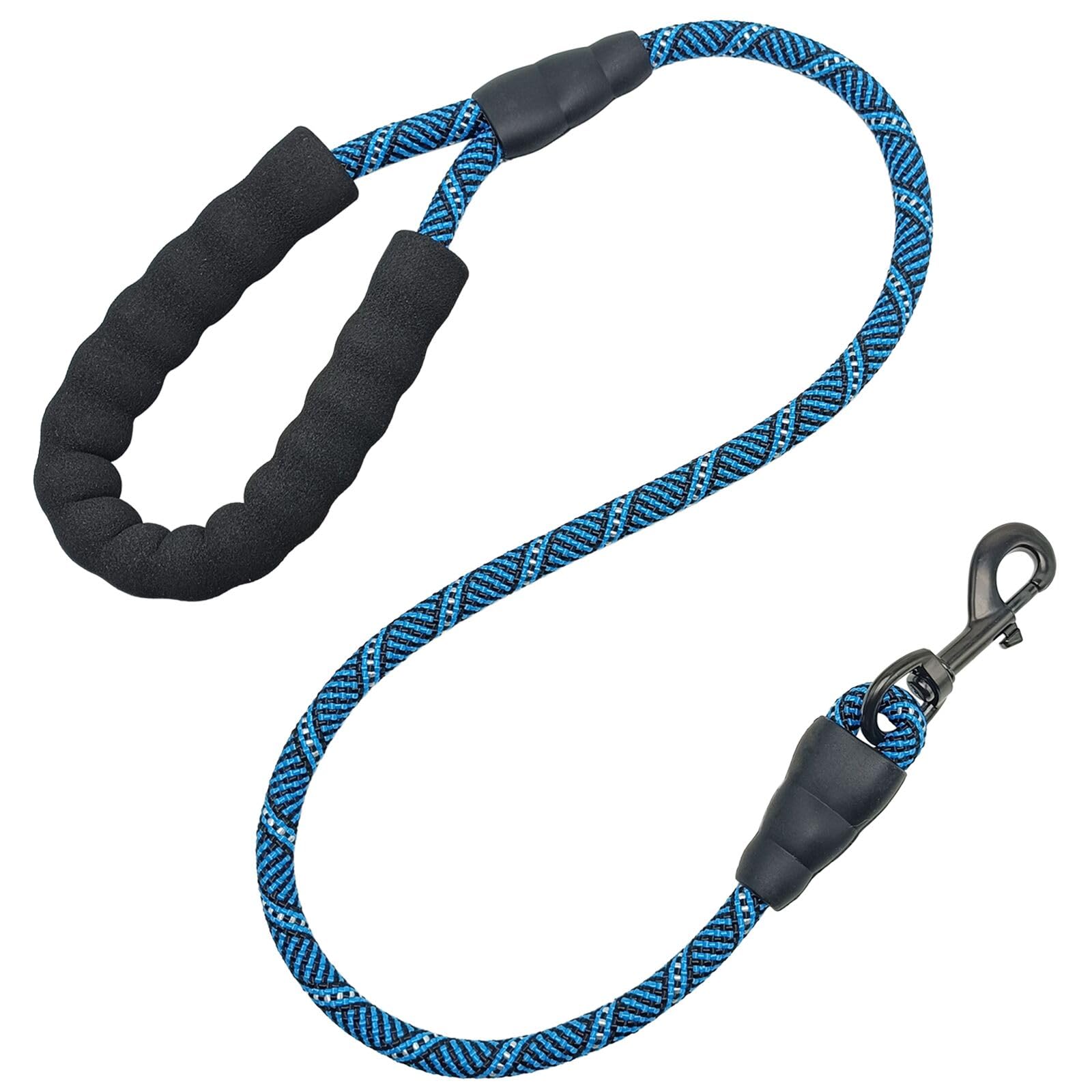 MayPaw Heavy Duty Rope Dog Lead, 3/4/6/7/8/10/12/15 FT Nylon Pet Leash, Soft Padded Handle Thick Lead Leashes for Large Medium Dogs (Blue Black, 1/2" * 3')