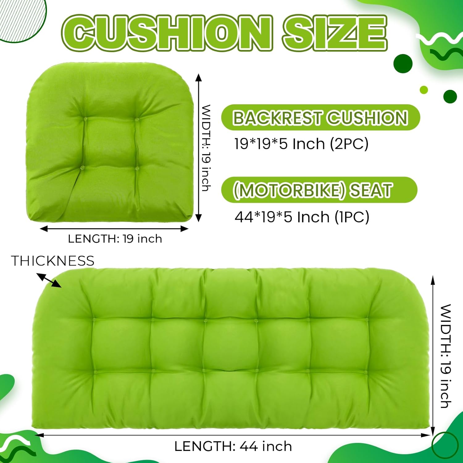 Barydat 3 Pack Wicker Furniture Cushions Waterproof Outdoor/Indoor Tufted Wicker Chair Cushions 1 Loveseat and 2 U-Shape Rattan Chairs for Patio Furniture, Rattan Love Seat, Bench (Grass Green)