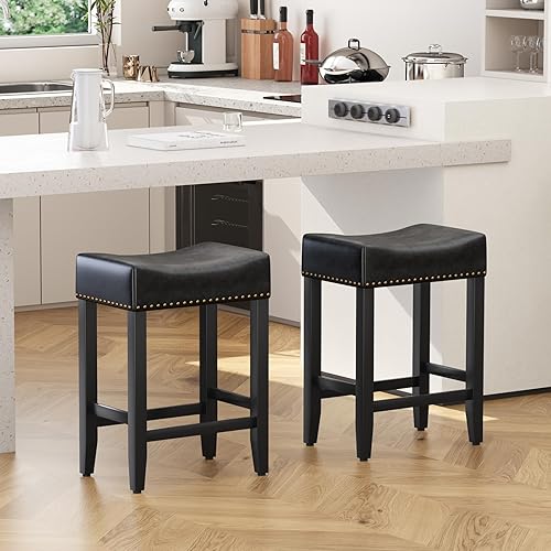 Miniatura 9 de Furniliving Juego de 4 taburetes de bar de 25.7 pulgadas de altura de mostrador, taburetes de bar tapizados con patas de madera maciza, taburetes de