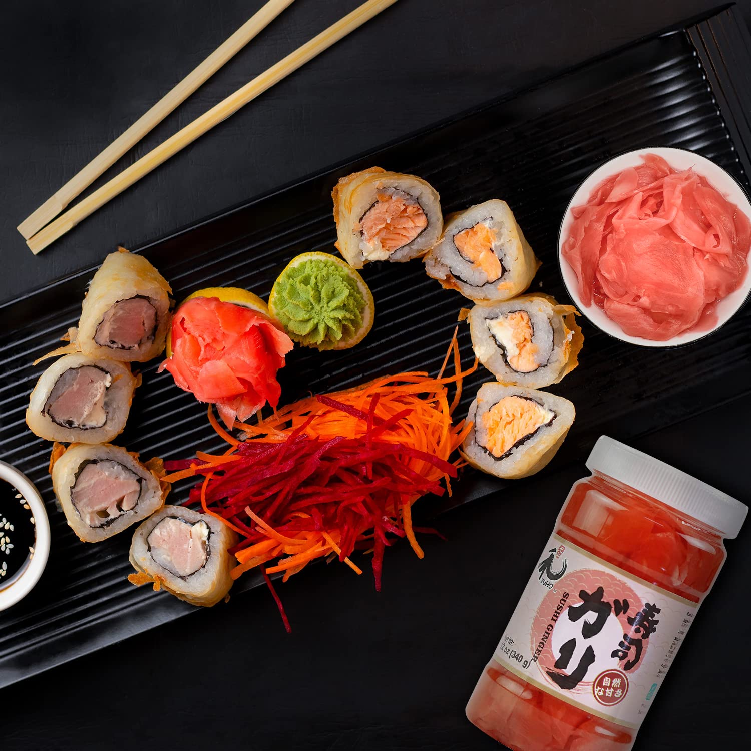 YUHO Pickled Sushi Ginger 4 Jar Japanese Pink Gari Sushi Ginger Fat Free, Sugar Free, Kosher, BRC, No MSG, Low cal 12 oz