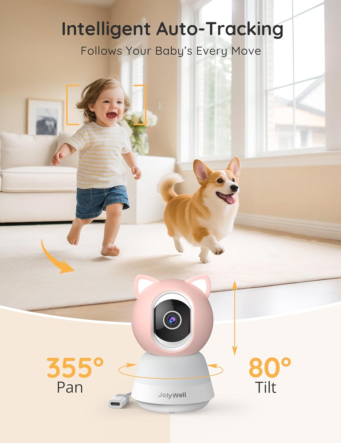 JolyWell Baby Monitor with Camera and Audio, 2K Video Baby Monitor with 5" Screen & App, Pan Tilt Camera, Night Vision, Motion & Cry Detection, Two-Way Talk, VOX, Temp & Humidity Monitor