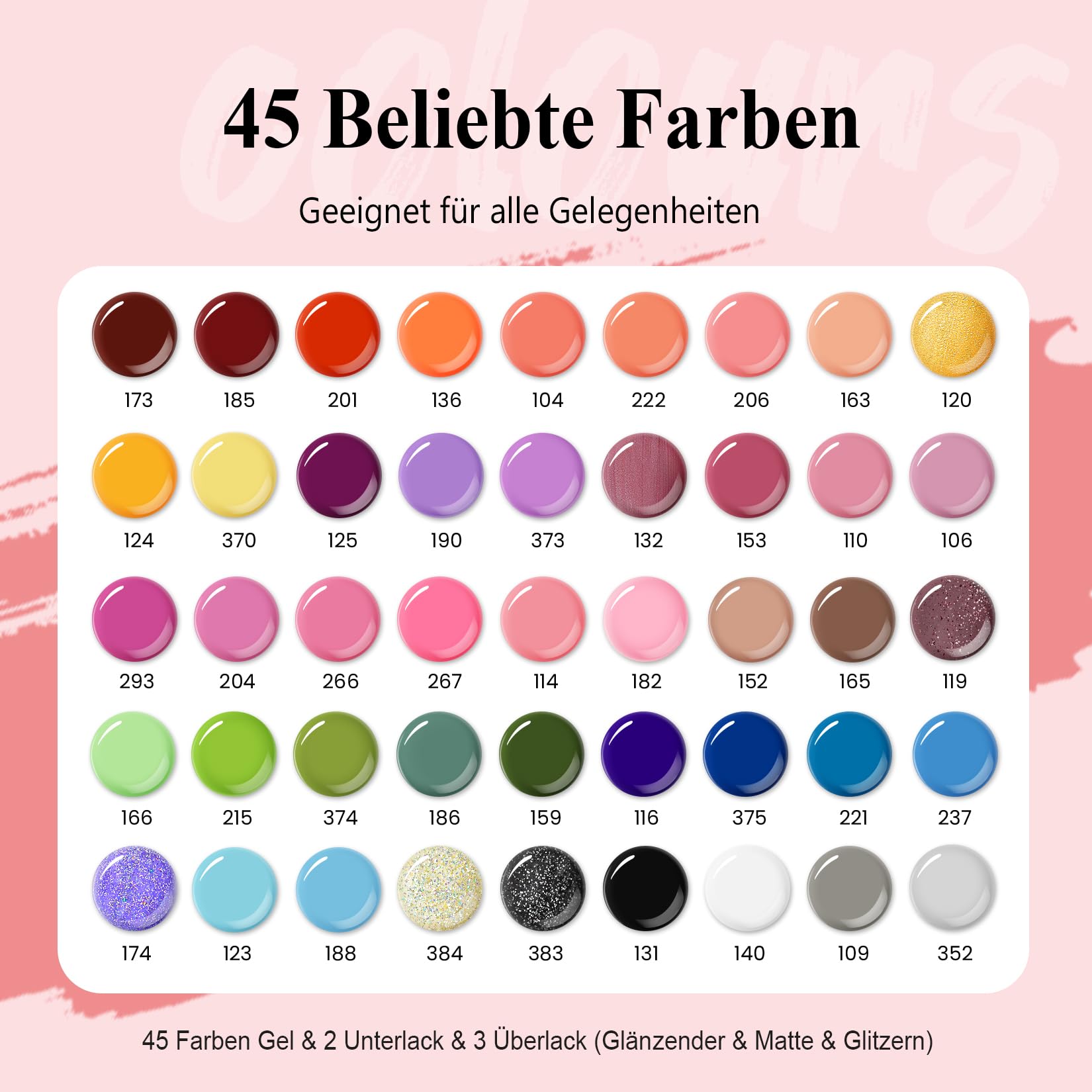 VANREESA U V Nagellack Set, 50 Stück Gel Nagellack Set mit Unterlack und Überlack 45 Farben Gelnägel Starterset Rosa Lila Schwarz Maniküre Kit Soak off Gel Nail Polish Geschenk für Frauen