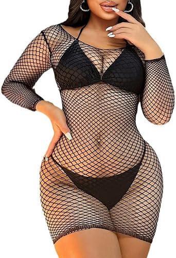 Womens Lingerie Fishnet Dress Long Sleeve Badydoll Bodysuit Mesh Cover Up Swimwear One Size
